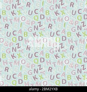 Vector seamless pattern with cartoon letters. Alphabet blue background Stock Vector