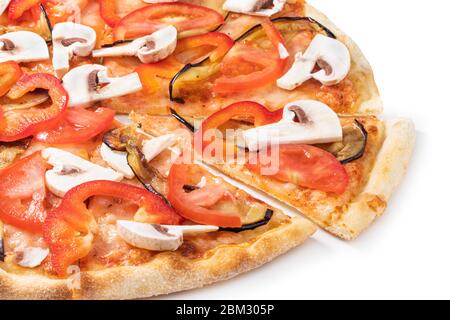 Pizza vegetarian with eggplant and tomato mushrooms isolated on white background. Stock Photo