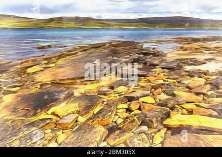 Sea coast near Broch of Gurness colorful painting looks like picture, Scotland, UK