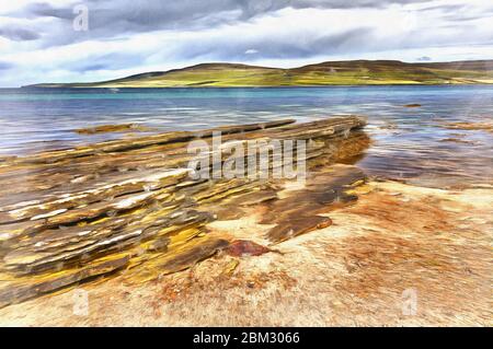 Sea coast near Broch of Gurness colorful painting looks like picture, Scotland, UK