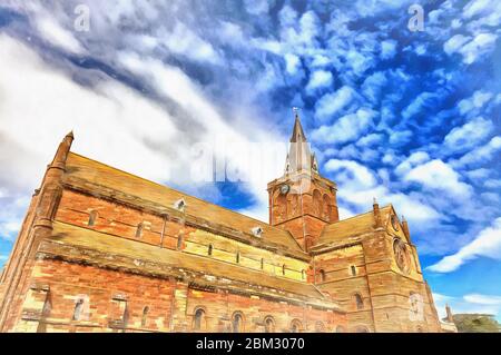 Beautiful view on ancient church colorful painting looks like picture, Orkney islands, Scotland, UK