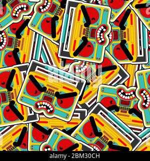 Angry Boombox pattern seamless. Grumpy Audio tape recorder background. vector texture Stock Vector