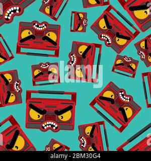 Angry Boombox pattern seamless. Grumpy Audio tape recorder background. vector texture Stock Vector
