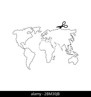Scissors cut map world template. Dashed line continents of planet earth. vector illustration Stock Vector