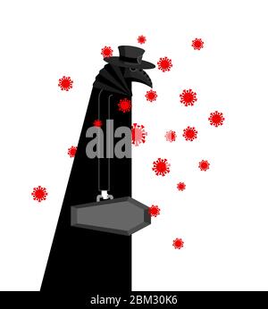Plague doctor and Coronavirus. Medieval doc treat pandemic and epidemic. vector illustration Stock Vector