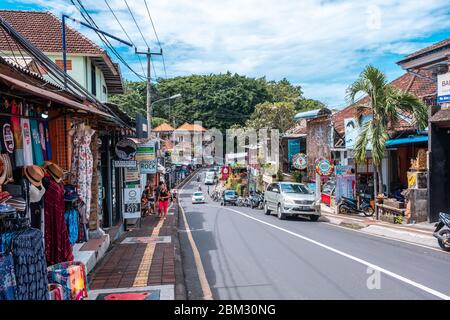 Monkey Forest Road is main road of Ubud Province Stock Photo