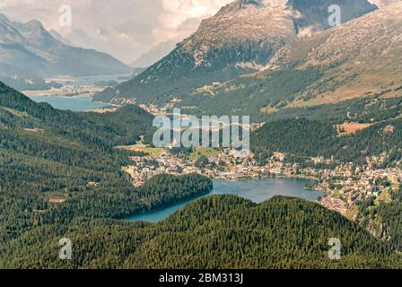 View from Muottas Muragl towards St.Moritz and Silvaplana, Engadin, Switzerland Stock Photo