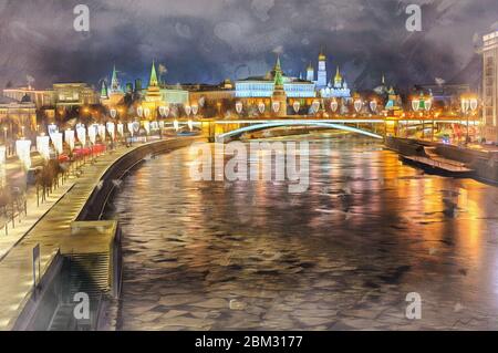 Beautiful view of Moskow Kremlin and Moskva River at night colorful painting looks like picture, Moscow, Russia Stock Photo