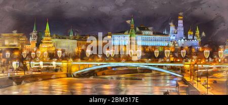 Beautiful view of Moskow Kremlin and Moskva River at night colorful painting looks like picture, Moscow, Russia Stock Photo