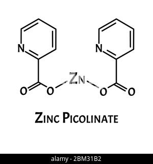 Zinc picolinate molecular chemical formula. Zinc infographics. Vector illustration on isolated background. Stock Vector