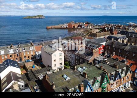 View from St Andrew Blackadder Church clock tower, North Berwick looking towards harbour and Firth of Forth Stock Photo
