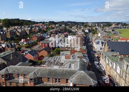 View from St Andrew Blackadder Church clock tower, North Berwick looking west along High Street Stock Photo