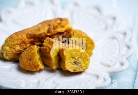 Homemade sweet fried banana dessert on a plate Stock Photo