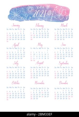 Calendar With Flowers And Watercolor Pink-blue Stain For 2021 Stock Vector