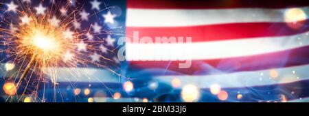 Sparkler With Bokeh And Smoke On American Flag Background ...