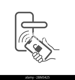 Digital smart door lock that opens with smartphone. In hand smartphone to open the door. Line vector icon. EPS 10. Stock Vector