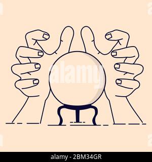 Magic crystal ball for fortune telling and fortuneteller hands, magic, Fortune teller hands around magic ball for prediction vector illustration on wh Stock Vector