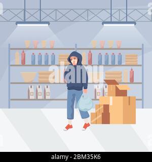 Man in protective mask to prevent disease and flu, doing shopping during global pandemic of Coronavirus vector flat illustration. Social distance, quarantine, avoiding crowds during Covid-19 outbreak. Stock Vector