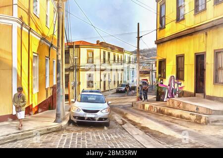 View on vintage street colorful painting looks like picture, Valparaiso, Chile Stock Photo