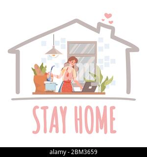 Stay home banner concept. Young woman cooking and working on laptop at the kitchen during quarantine and self isolation vector flat illustration. Freelance, distant work poster design. Stock Vector