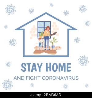Stay home and fight Coronavirus banner design. Woman with daughter working at home on laptop vector flat illustration. Quarantine, self isolation, freelance during global outbreak of Coronavirus. Stock Vector