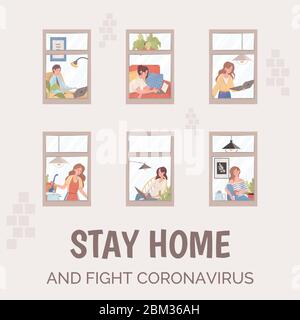 Stay home and fight Coronavirus poster template. People working, cooking in apartments during global pandemic of Coronavirus Covid-19 vector flat illustration. Quarantine, freelance concept. Stock Vector