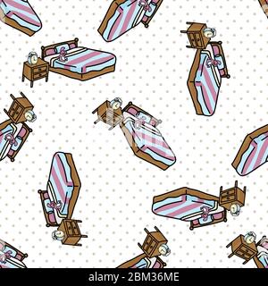 Hand drawn cute bed with stuffed animal seamless vector pattern. Adorable bedding for relaxing sleep night time background. Cozy pink and blue Stock Vector