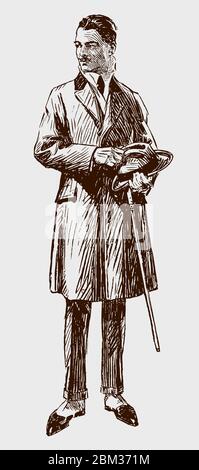 Man from the early 20th century wearing an overcoat and gaiters and holding a hat and a walking stick Stock Vector