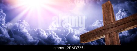 he Old Rugged Cross With Clouds And Glorious Light From Heaven - Crucifixion/Resurrection Of Jesus Christ Concept Stock Photo