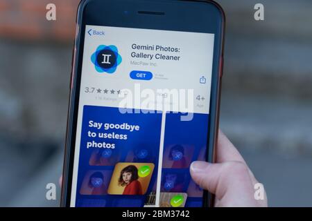New York, USA - 1 May 2020: Gemini Photos app logo close-up on phone screen, Illustrative Editorial Stock Photo