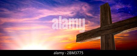 he Old Rugged Cross With Clouds And Glorious Light From Heaven - Crucifixion/Resurrection Of Jesus Christ Concept Stock Photo