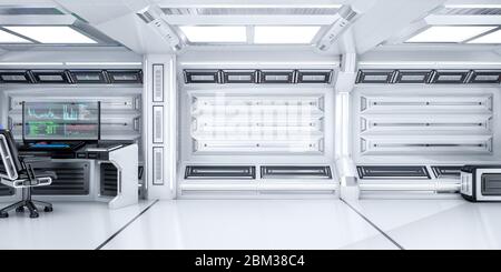 Empty Futuristic Sci-Fi Room with Open Space and Working Computer, 3d Rendering Stock Photo