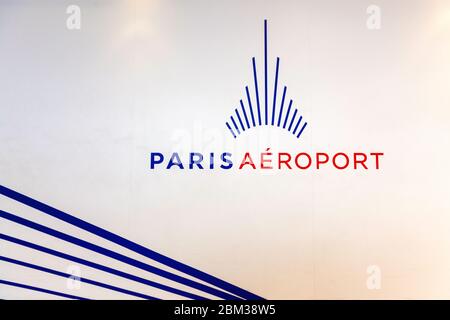 The logo of Charles de Gaulle Airport, as seen on a wall within the airport itself, in Paris, France. Stock Photo