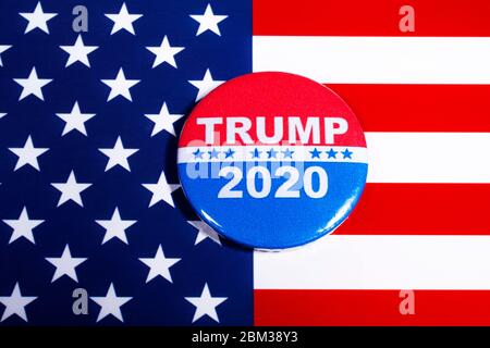London, UK - May 5th 2020: Donald Trump 2020 badge portraying his campaign to run for a second term as President of the United States of America in 20 Stock Photo