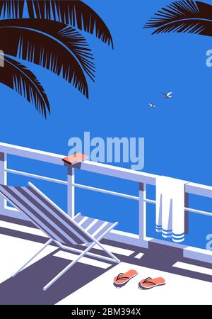 Summer seaside flat color vector. Blue ocean scenic view poster. Hand drawn pop art retro style. Holiday vacation season sea travel leisure. Stock Vector