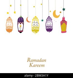 Hand drawn doodle Ramadan Kareem gold and green colored with hanging lamps, crescents and stars. Traditional lantern of Ramadan greeting card Stock Vector