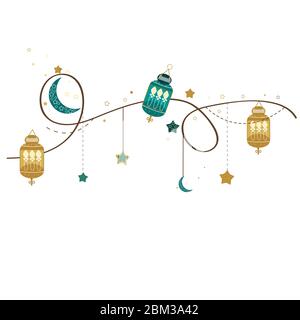 Hand drawn Ramadan Kareem gold and green colored with hanging lamps, crescents and stars. Traditional lantern of Ramadan greeting card background Stock Vector