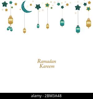 Hand drawn Ramadan Kareem gold and green colored with hanging lamps, crescents and stars. Traditional lantern of Ramadan greeting card background Stock Vector