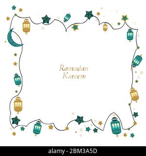 Hand drawn Ramadan Kareem gold and green colored with hanging lamps, crescents and stars. Traditional lantern of Ramadan greeting card background Stock Vector