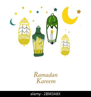 Hand drawn doodle Ramadan Kareem gold and green colored with hanging lamps, crescents and stars. Traditional lantern of Ramadan greeting card Stock Vector