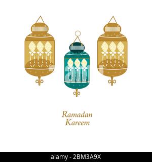Hand drawn doodle Ramadan Kareem gold and green colored with hanging lamps, crescents and stars. Traditional lantern of Ramadan greeting card Stock Vector