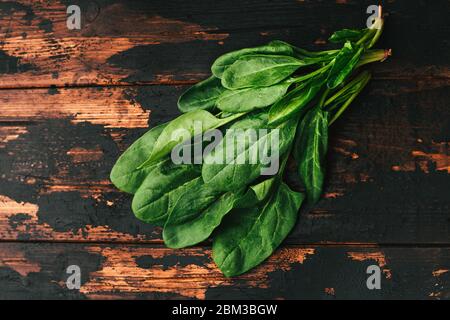 Bunch of fresh spinach on a dark wooden background Stock Photo