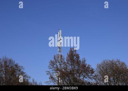 Telecommunication tower of 4G and 5G cellular. Base Station or Base Transceiver Station. Wireless Communication Antenna Transmitter. Telecommunication Stock Photo