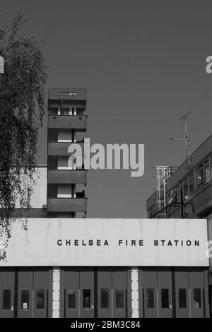 Mid Century Modern Architecture 1960s Chelsea Fire Station 264 Kings Road, London, SW3 5UF by Greater London Council Architects Geoffrey Horsfall Stock Photo