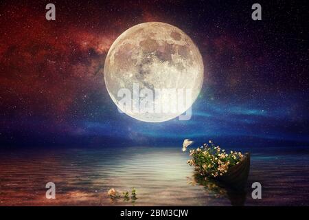 Fantasy starry night sea after sunset, boat full of flowers, pigeon flying, blue red cloudy sky on water wave reflection on horizon skyline nature lan Stock Photo