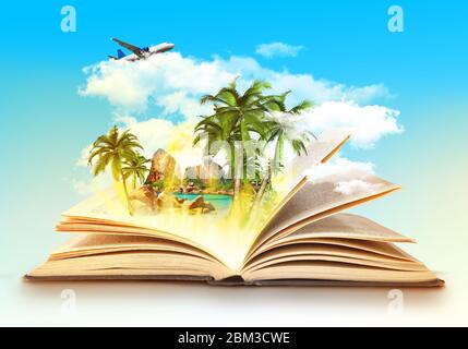 Old open book with tropical island beach with sea water and palm trees and aircraft flying around it in the clouds. Exotic travel concept artistic des Stock Photo
