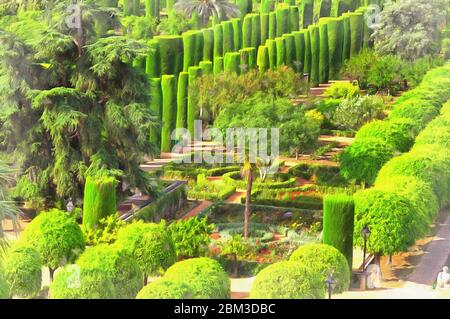 Gardens of Alcazar of the Christian Kings colorful painting looks like picture, Spain Stock Photo