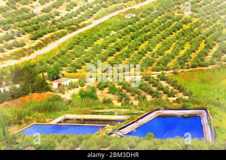 Landscape with olive groves colorful painting looks like picture, Spain Stock Photo