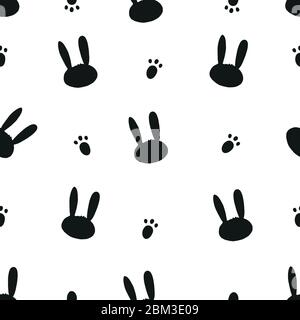 Cute bunny or rabbit and black and white easter pattern with bunny foot prints. Happy Easter background, advertisement, fabric design seamless pattern Stock Vector