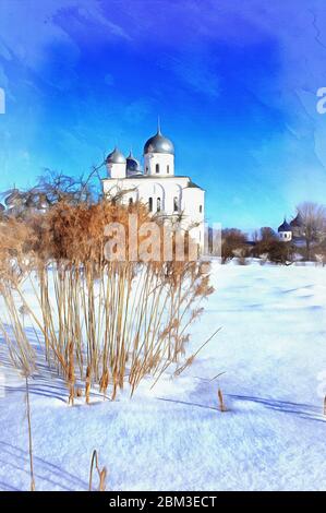 Russian monastery architecture at winter colorful painting looks like picture Stock Photo